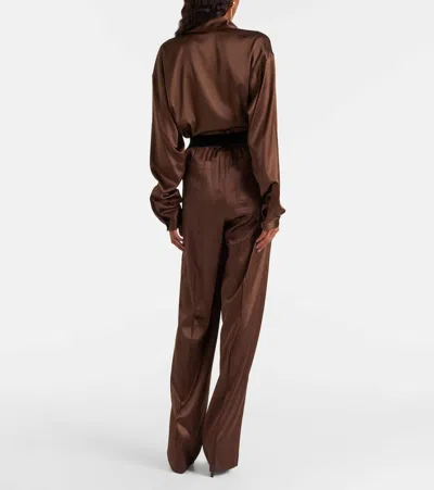Tom Ford Brown Pants With Elastic Waist And Logo Lettering In Stretch Silk For Women In Brown