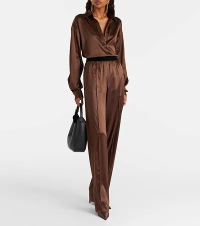 Tom Ford Brown Pants With Elastic Waist And Logo Lettering In Stretch Silk For Women In Brown