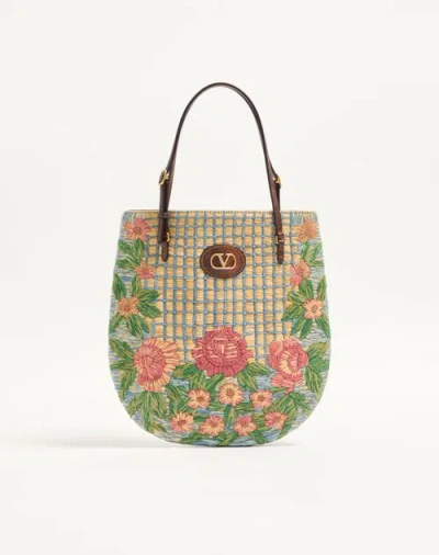 Valentino Garavani  Garavani Panier De Fleurs Small Embroidered Shopping Bag In Raffia Woma In Multi