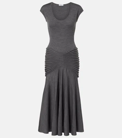 Alaïa Knitted Pleated Wool Midi Dress In Gray