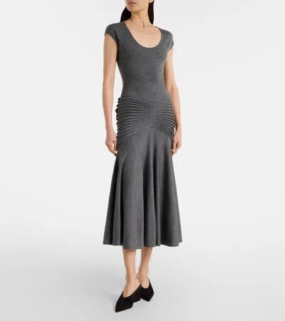 Alaïa Knitted Pleated Wool Midi Dress In Gray