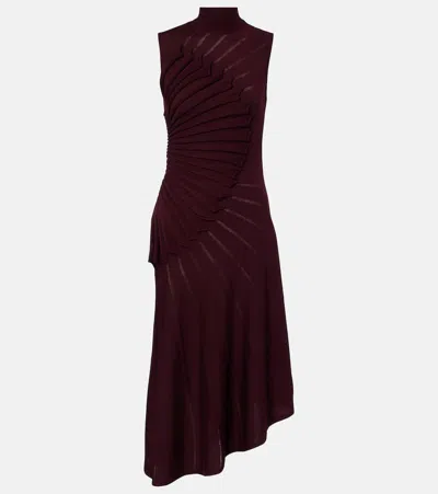 Alaïa Asymmetric Pleated Wool Midi Dress In Burgundy