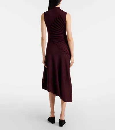 Alaïa Asymmetric Pleated Wool Midi Dress In Burgundy