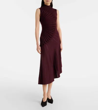 Alaïa Asymmetric Pleated Wool Midi Dress In Burgundy