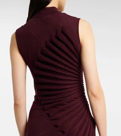 Alaïa Asymmetric Pleated Wool Midi Dress In Burgundy