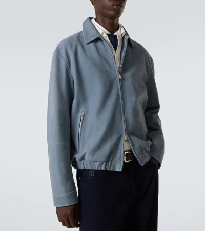 Brunello Cucinelli Leather Blouson Jacket In Blue