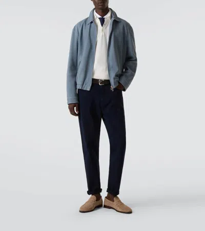 Brunello Cucinelli Leather Blouson Jacket In Blue