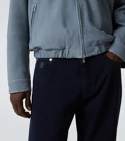 Brunello Cucinelli Leather Blouson Jacket In Blue