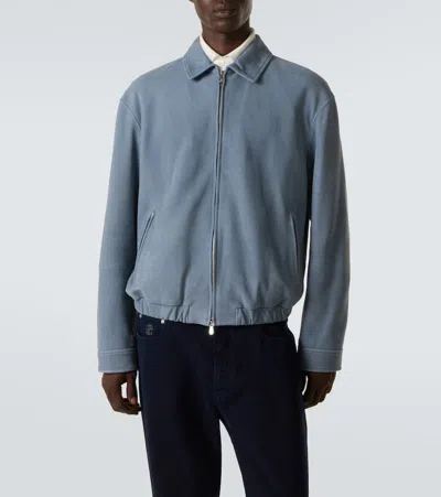 Brunello Cucinelli Leather Blouson Jacket In Blue