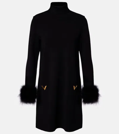 Valentino Vlogo Feather-trimmed Turtleneck Minidress In Black