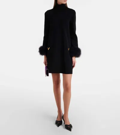 Valentino Vlogo Feather-trimmed Turtleneck Minidress In Black