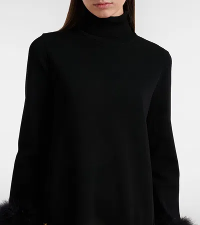 Valentino Vlogo Feather-trimmed Turtleneck Minidress In Black