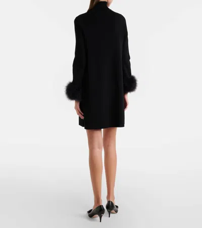 Valentino Vlogo Feather-trimmed Turtleneck Minidress In Black