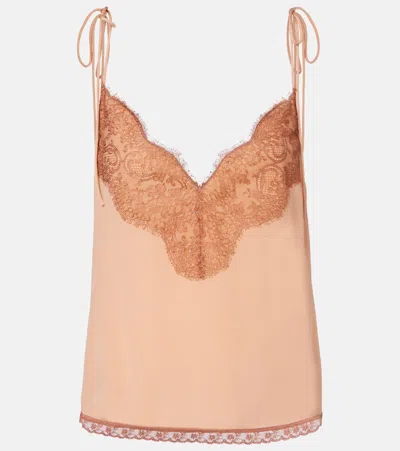 Valentino Lace-trimmed Silk Crêpe De Chine Top In Pink