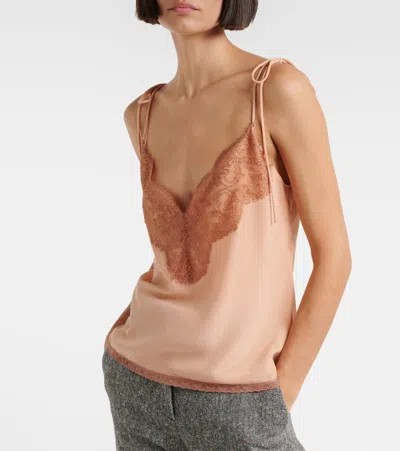 Valentino Lace-trimmed Silk Crêpe De Chine Top In Pink
