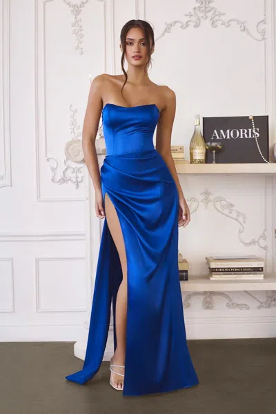 Amoris T215 Prom Fitted Long Formal Slit Evening Dress In Blue