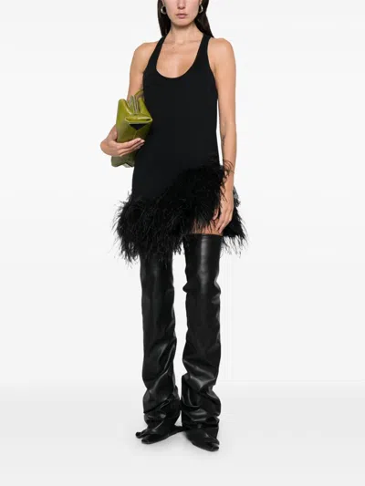 Attico Feather Trim Racerback Mini Dress In Black