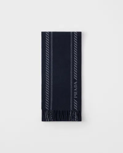 Prada Striped Pattern Scarf Fringed Edges In Blue