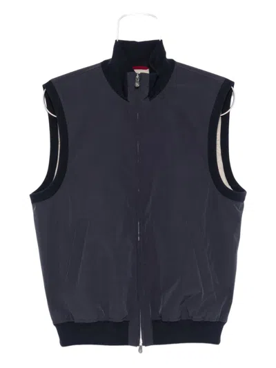 Brunello Cucinelli High Collar Sleeveless Down Vest With Pockets In Blue