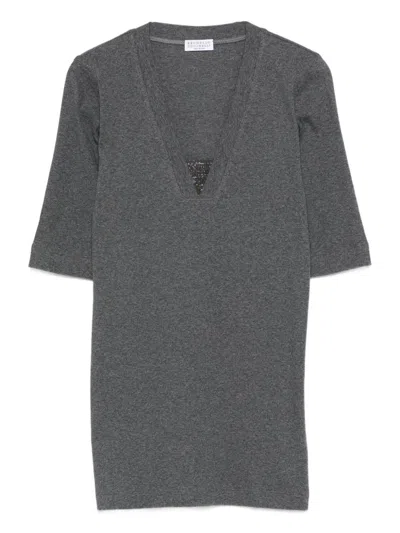 Brunello Cucinelli Cotton V-necked Sweater In Gray