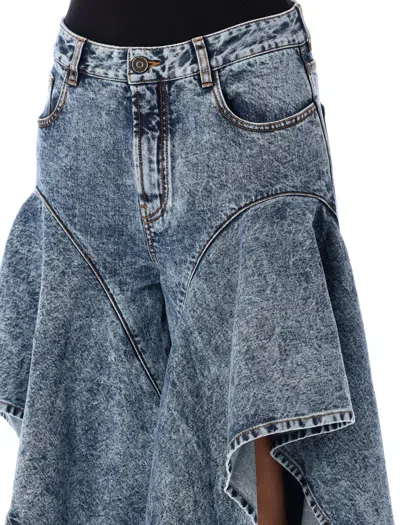 Alaïa Wide Leg Ruffle Hem Cotton Trousers In Blue