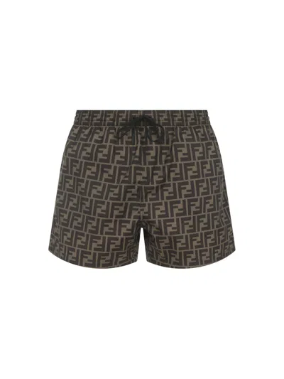 Fendi Tech Fabric With All-over Ff Pattern Swim Shorts In Brown