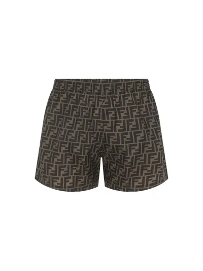 Fendi Tech Fabric With All-over Ff Pattern Swim Shorts In Brown