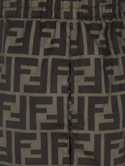 Fendi Tech Fabric With All-over Ff Pattern Swim Shorts In Brown