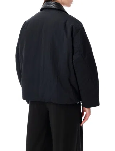 Bottega Veneta Beige Padded Bomber With Intreccio Leather Collar In Black