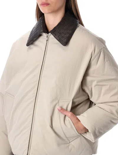 Bottega Veneta Beige Padded Bomber With Intreccio Leather Collar In Neutral