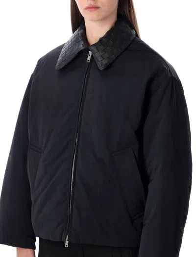 Bottega Veneta Beige Padded Bomber With Intreccio Leather Collar In Black