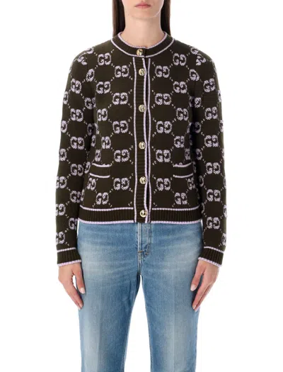 Gucci Gg Wool Bouclé Jacquard Cardigan With Buttons In Green