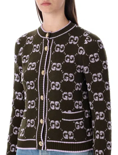 Gucci Gg Wool Bouclé Jacquard Cardigan With Buttons In Green