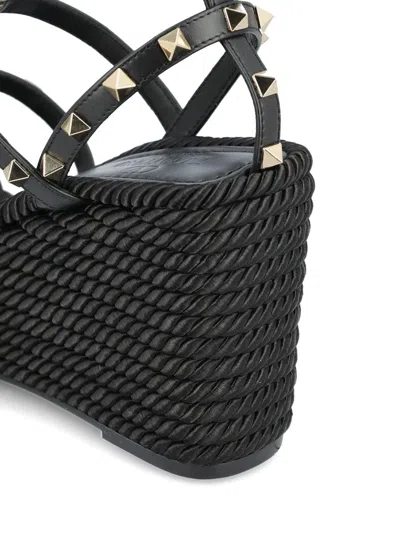 Valentino Garavani Rockstud Leather Wedge Sandals In Black