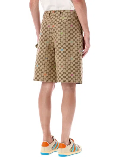 Gucci Men Beige Bermuda Pants With Belt Loops In Gg Canvas Man In Neutral