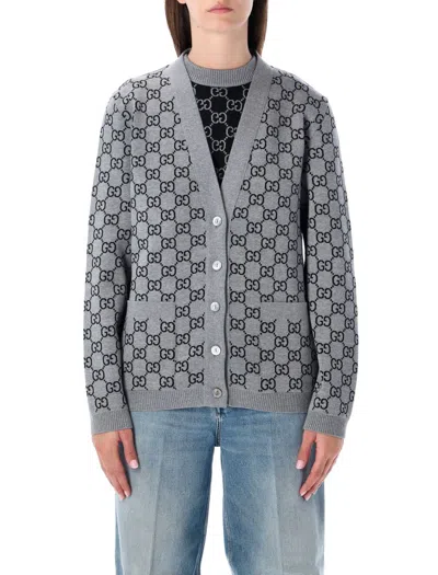 Gucci Gg Monogram Wool Reversible Cardigan In Gray