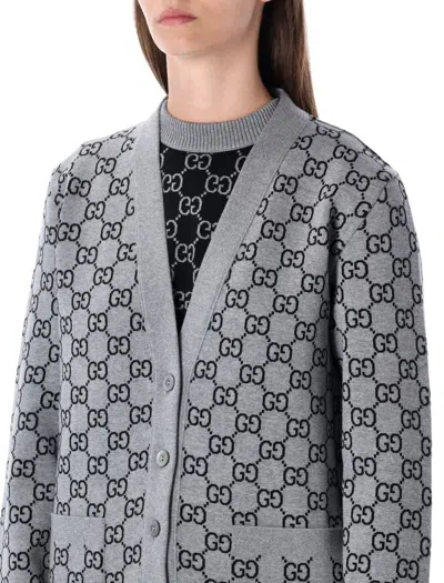 Gucci Gg Monogram Wool Reversible Cardigan In Gray