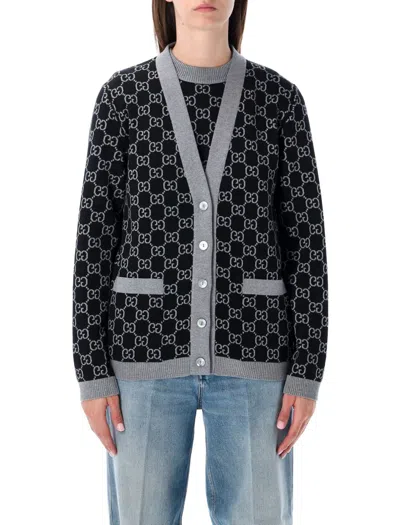 Gucci Gg Monogram Wool Reversible Cardigan In Gray