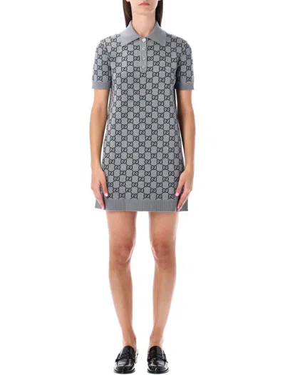 Gucci Gg Wool Dress With Ribbed Profiles In Gray