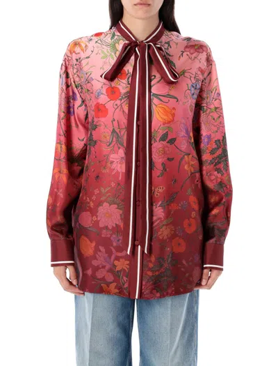 Gucci Bordeaux Shirt With Collar With Bow And All-over Flora Print In Silk Woman In Multi