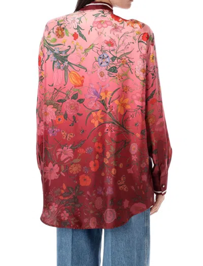 Gucci Bordeaux Shirt With Collar With Bow And All-over Flora Print In Silk Woman In Multi