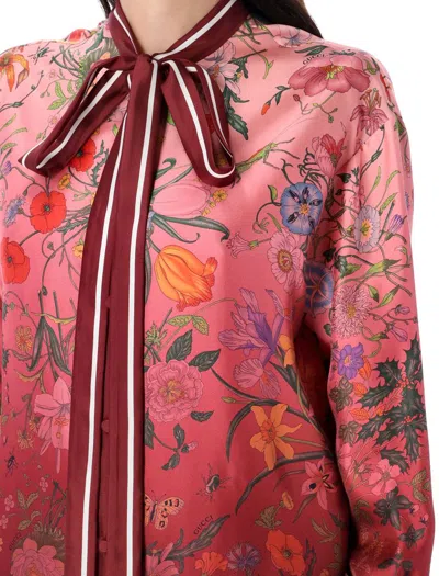 Gucci Bordeaux Shirt With Collar With Bow And All-over Flora Print In Silk Woman In Multi