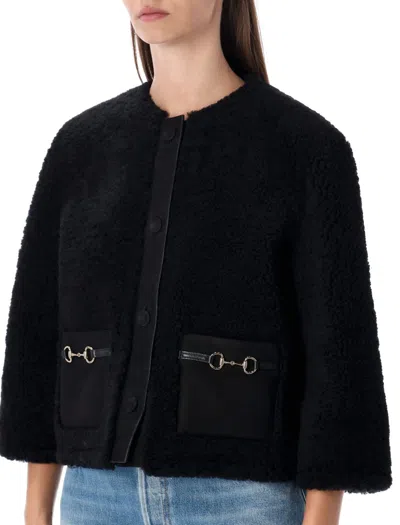 Gucci Shearling Jacket With Horsebit Details In Black