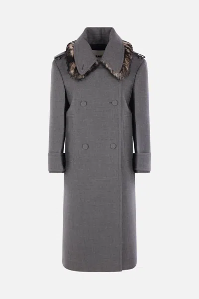 Jil Sander Double-breasted Wool Long Coat With Detachable Sheep Shearling Collar In Black