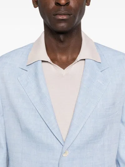 Brunello Cucinelli Linen And Wool Chevron Blazer Light Blue In White