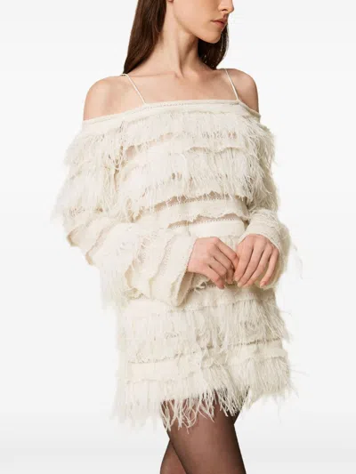 Twinset Off-shoulder Feather-detail Dress In White