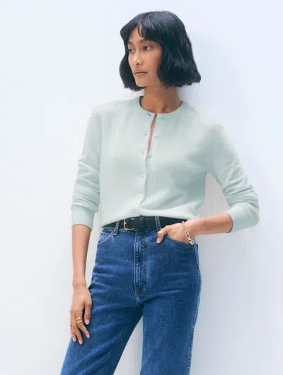 White & Warren Cashmere Crewneck Cardigan Sweater In Blue Fog In Blue