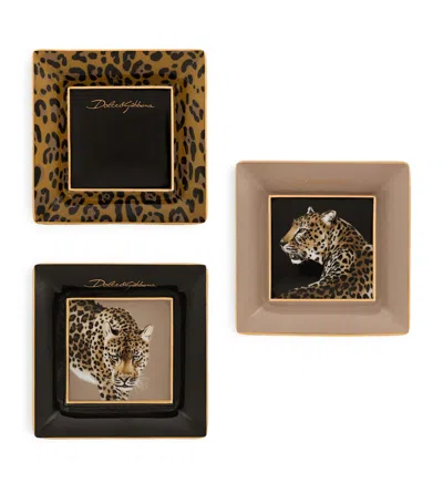 Dolce & Gabbana Casa Set Of 3 Porcelain Leopard Decorative Square Plates In Multi