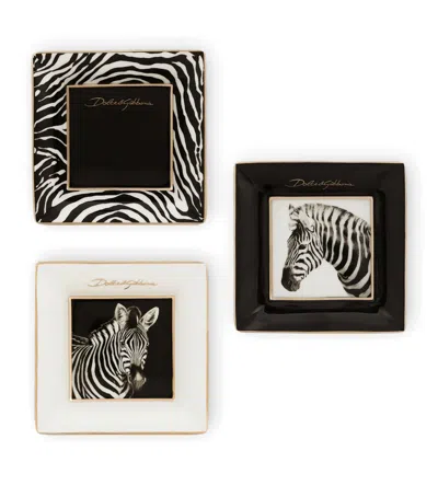 Dolce & Gabbana Casa Set Of 3 Porcelain Zebra Decorative Square Plates In Animal Print