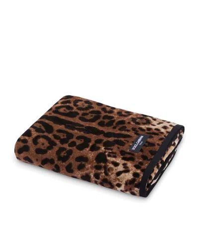 Dolce & Gabbana Casa Cotton Leopard Print Hand Towel In Brown